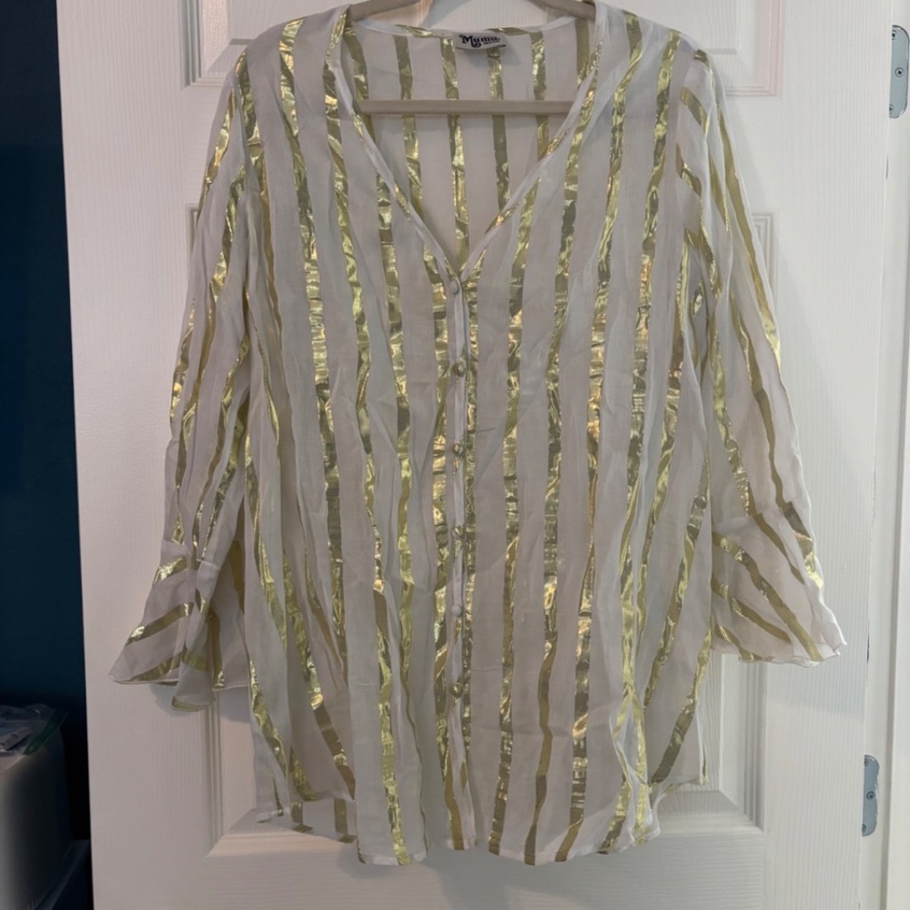 Show Me Your MuMu, Gold Striped White Button Down Blouse, Size Medium